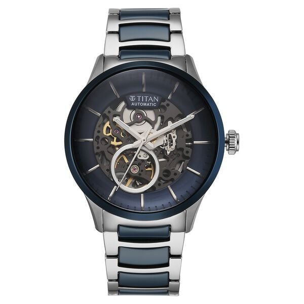 Titan Ceramic Fusion Automatic Blue Dial Silver Dual-Toned Stainless Steel Bracelet Men's Watch, NT90174KD02
