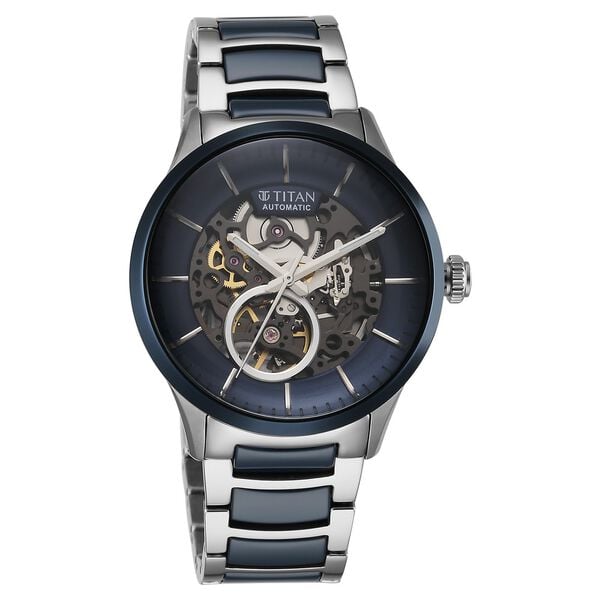 Titan Ceramic Fusion Automatic Blue Dial Silver Dual-Toned Stainless Steel Bracelet Men's Watch, NT90174KD02