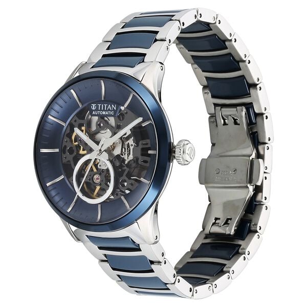 Titan Ceramic Fusion Automatic Blue Dial Silver Dual-Toned Stainless Steel Bracelet Men's Watch, NT90174KD02