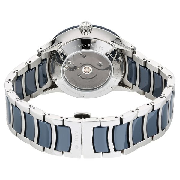 Titan Ceramic Fusion Automatic Blue Dial Silver Dual-Toned Stainless Steel Bracelet Men's Watch, NT90174KD02