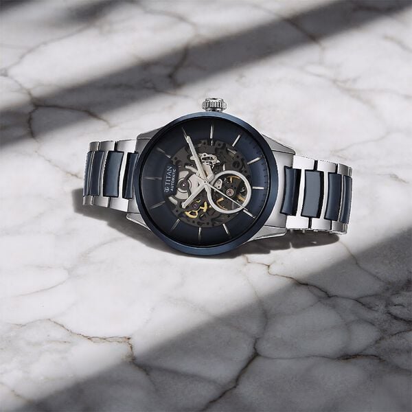 Titan Ceramic Fusion Automatic Blue Dial Silver Dual-Toned Stainless Steel Bracelet Men's Watch, NT90174KD02