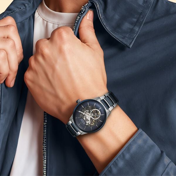 Titan Ceramic Fusion Automatic Blue Dial Silver Dual-Toned Stainless Steel Bracelet Men's Watch, NT90174KD02