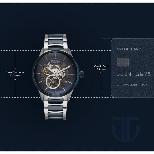 Titan Ceramic Fusion Automatic Blue Dial Silver Dual-Toned Stainless Steel Bracelet Men's Watch, NT90174KD02