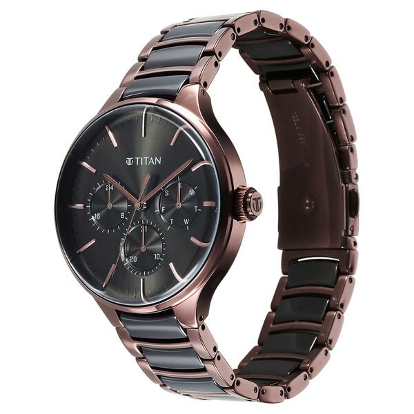 Titan Ceramic Fusion Multifunction Black Dial With Two Toned Color Stainless Steel Strap Men's Watch, 90148KD05
