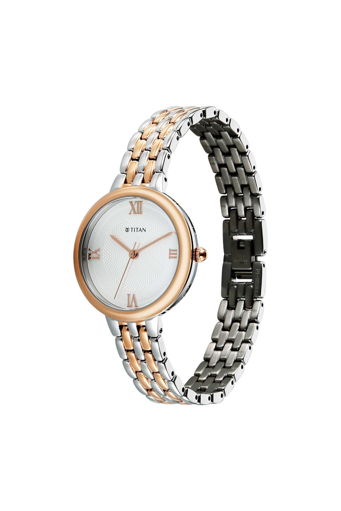 Titan Eminence Quartz Analog White Dial Two Toned Strap Women's Watch, 95364KM01