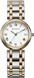 Titan Eminence Workwear Quartz Analog White Dial Two Toned Metal Strap Women's Watch, 95370KM01