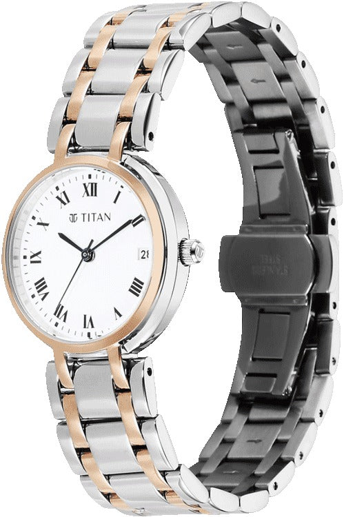 Titan Eminence Workwear Quartz Analog White Dial Two Toned Metal Strap Women's Watch, 95370KM01