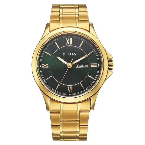 Titan Karishma Quartz Analog with Day and Date Green Dial Golden Stainless Steel Strap Men's Watch, 1870YM01