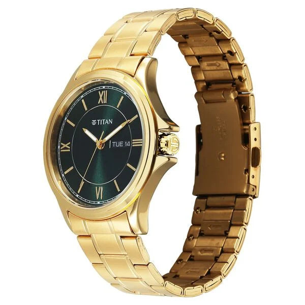 Titan Karishma Quartz Analog with Day and Date Green Dial Golden Stainless Steel Strap Men's Watch, 1870YM01