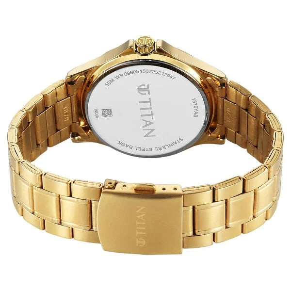 Titan Karishma Quartz Analog with Day and Date Green Dial Golden Stainless Steel Strap Men's Watch, 1870YM01