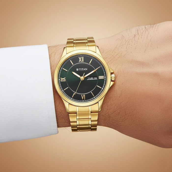 Titan Karishma Quartz Analog with Day and Date Green Dial Golden Stainless Steel Strap Men's Watch, 1870YM01