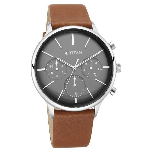Titan Light Leathers Multifunction Black Dial Brown Leather Strap Men's Watch, 90134SL01