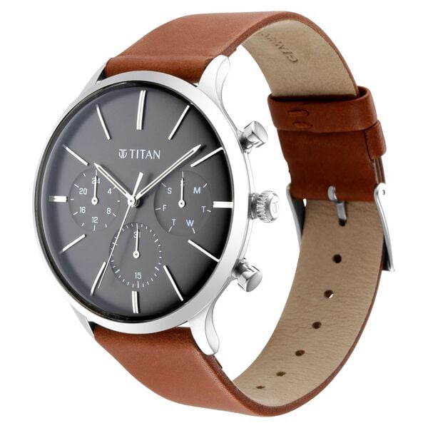 Titan Light Leathers Multifunction Black Dial Brown Leather Strap Men's Watch, 90134SL01