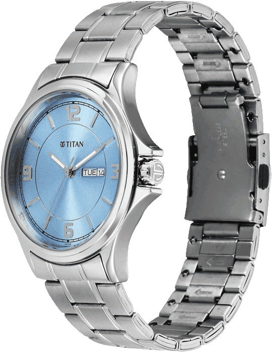 Titan Neo Arabic Analog with Day Date Ice Blue Dial Silver Stainless Steel Strap Men's Watch, 1870SM07