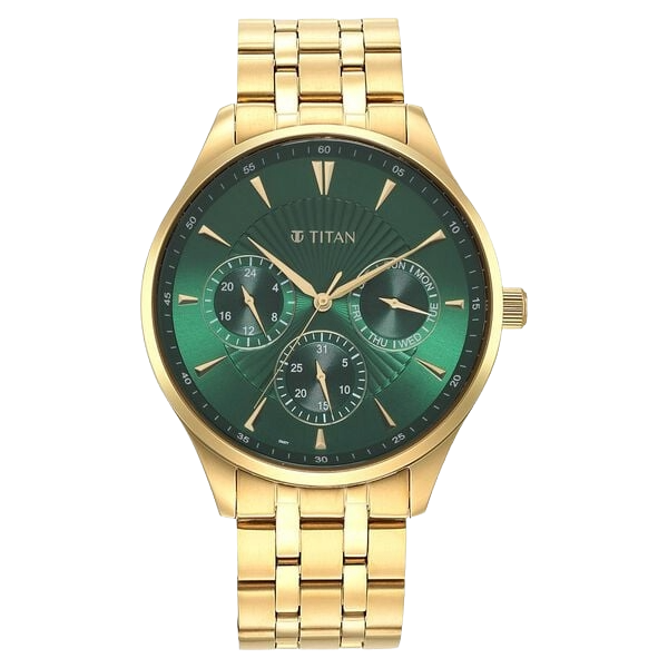 Titan Opulent Green Dial Quartz Multifunction Stainless Steel Strap Men's Watch, 90127YM05