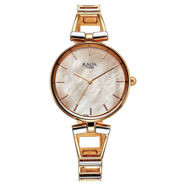 Titan Raga Ascend Quartz Analog Mother Of Pearl Dial With Two Toned Color Metal Strap Women's Watch, 2747KM01