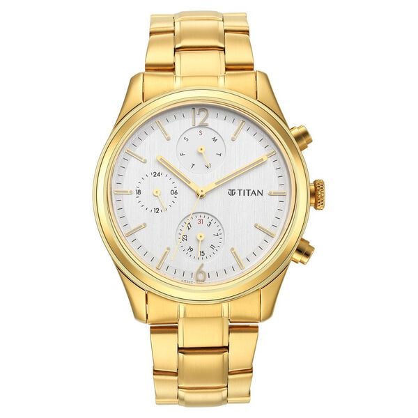 Titan Raga Black and Gold Silver Dial Analog with Day and Date Stainless Steel Strap for Men's Watch, 1805YM01