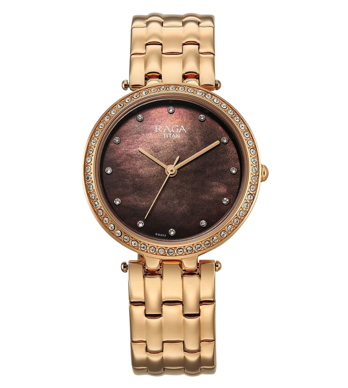 Titan Raga DEC Blaze Quartz Analog Brown Mother Of Pearl Dial Rose Gold Metal Strap Women's Watch, 2793WM01