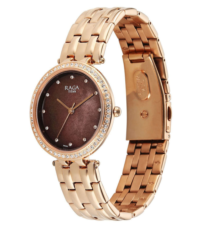 Titan Raga DEC Blaze Quartz Analog Brown Mother Of Pearl Dial Rose Gold Metal Strap Women's Watch, 2793WM01