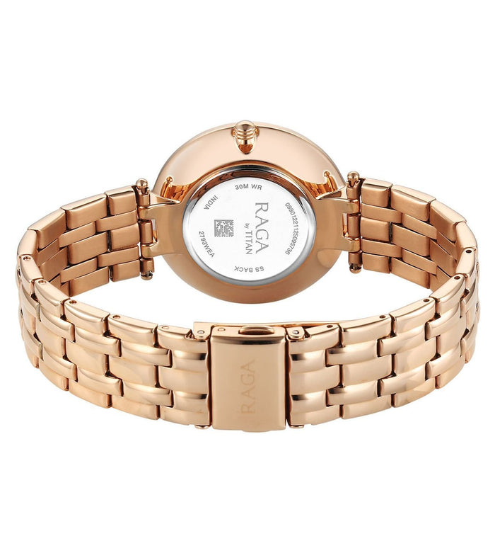 Titan Raga DEC Blaze Quartz Analog Brown Mother Of Pearl Dial Rose Gold Metal Strap Women's Watch, 2793WM01