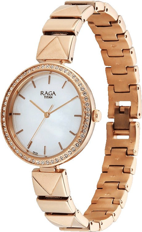 Titan Raga DEC Blaze Quartz Analog Mother of Pearl Dial Rose Gold Metal Strap Women's Watch, 2787WM01