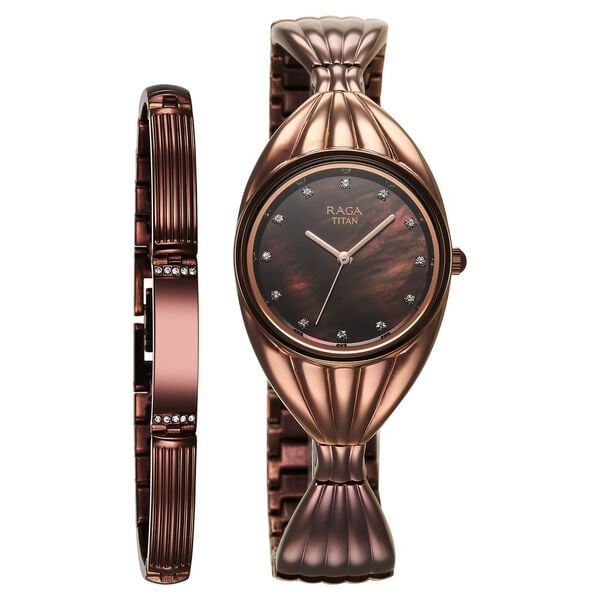 Titan Raga Memoirs Quartz Analog Mother Of Pearl Dial With Brown Metal Strap Women's Watch, 95254QM01