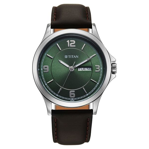 Titan Raga Neo Arabic Analog with Day Date Green Dial Brown Leather Strap for Men's Watch, 1870SL12