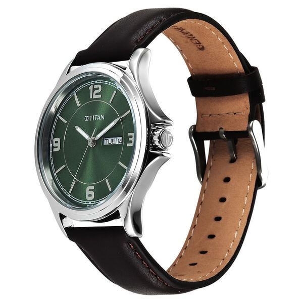 Titan Raga Neo Arabic Analog with Day Date Green Dial Brown Leather Strap for Men's Watch, 1870SL12