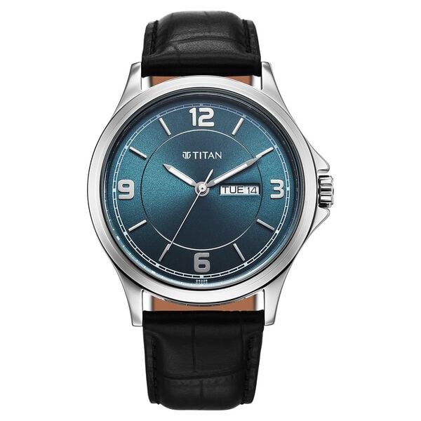 Titan Raga Neo Arabic Analog with Day Date Teal Blue Dial Black Leather Strap for Men's Watch, 1870SL10