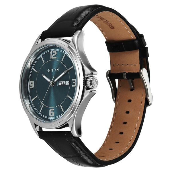 Titan Raga Neo Arabic Analog with Day Date Teal Blue Dial Black Leather Strap for Men's Watch, 1870SL10