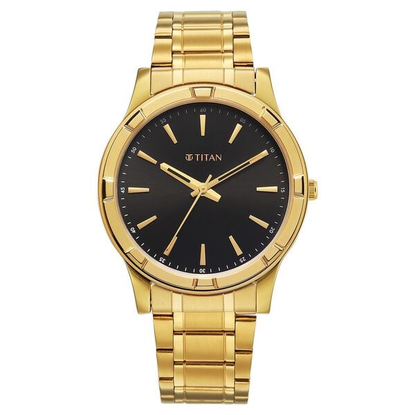 Titan Raga Quartz Analog Black Dial Golden Stainless Steel Strap For Men's Watch, 10058YM01