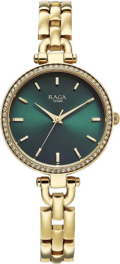Titan Raga Showstopper Quartz Analog Green Dial Golden Metal Strap Women's Watch, 95345YM01