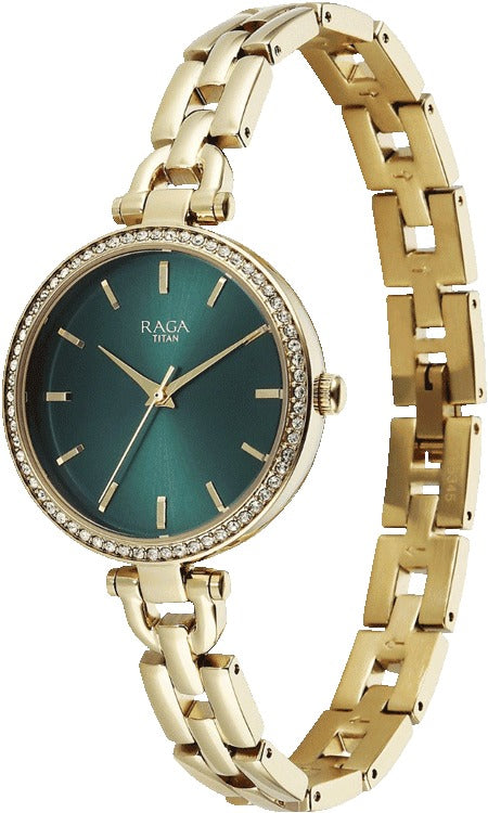 Titan Raga Showstopper Quartz Analog Green Dial Golden Metal Strap Women's Watch, 95345YM01