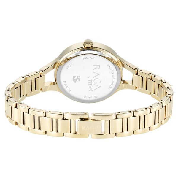 Titan Raga Showstopper Quartz Analog Mother Of Pearl Round Dial Golden Metal Strap Women's Watch, 95275YM01