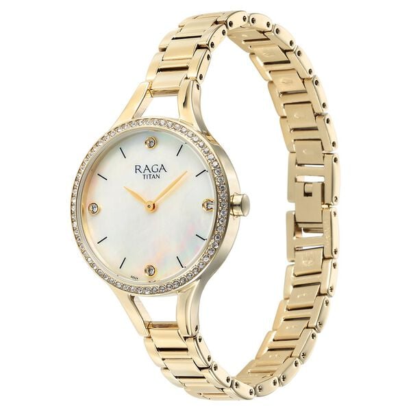 Titan Raga Showstopper Quartz Analog Mother Of Pearl Round Dial Golden Metal Strap Women's Watch, 95275YM01