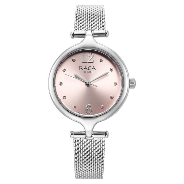 Titan Raga Showstopper Quartz Analog Pink Dial Silver Metal Strap Women's Watch, 95268SM01