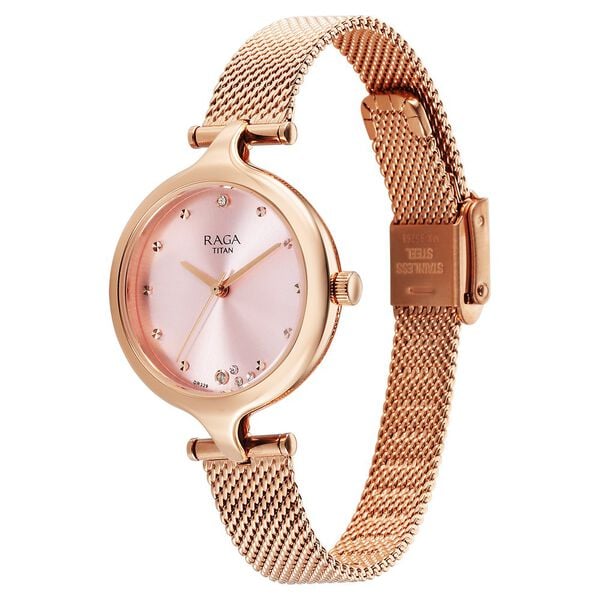 Titan Raga Showstopper Quartz Analog Rose Gold Dial Metal Strap Women's Watch, 95268WM01