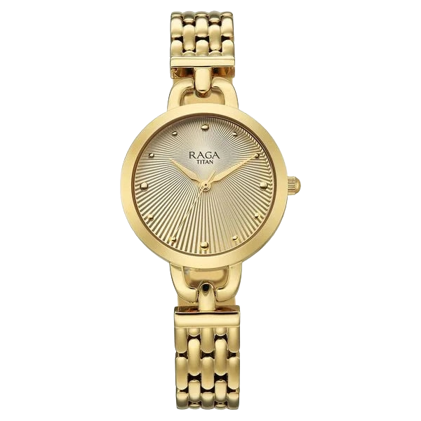 Titan Raga Showstopper Quartz Analog Silver Dial Golden Metal Strap Women's Watch, 95349YM01