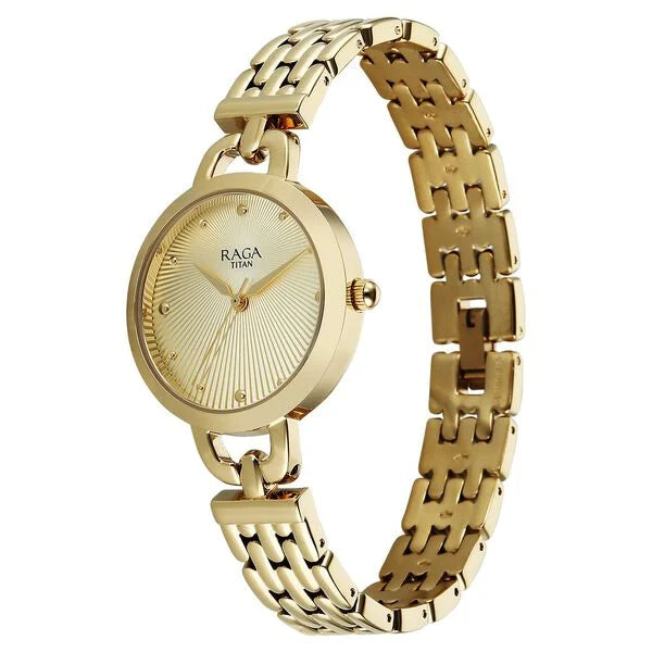 Titan Raga Showstopper Quartz Analog Silver Dial Golden Metal Strap Women's Watch, 95349YM01