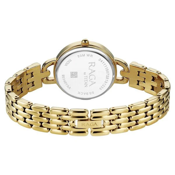 Titan Raga Showstopper Quartz Analog Silver Dial Golden Metal Strap Women's Watch, 95349YM01