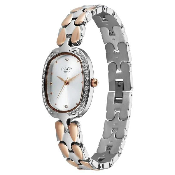 Titan Raga Showstopper Quartz Analog Silver Dial Two Toned Metal Strap Women's Watch, 95347KM01