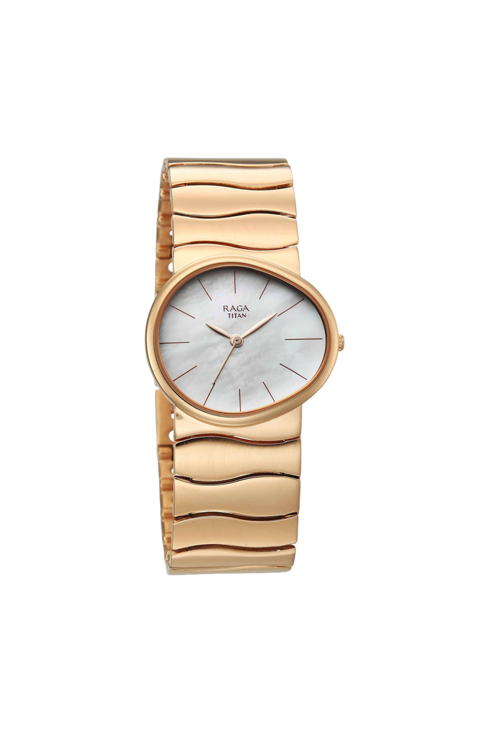 Titan Raga Sierra Quartz Analog White Dial Rose Gold Metal Strap Women's Watch, 95389WM01