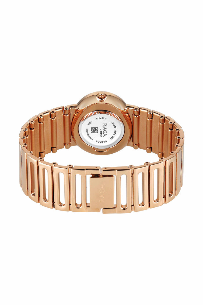 Titan Raga Sierra Quartz Analog White Dial Rose Gold Metal Strap Women's Watch, 95389WM01