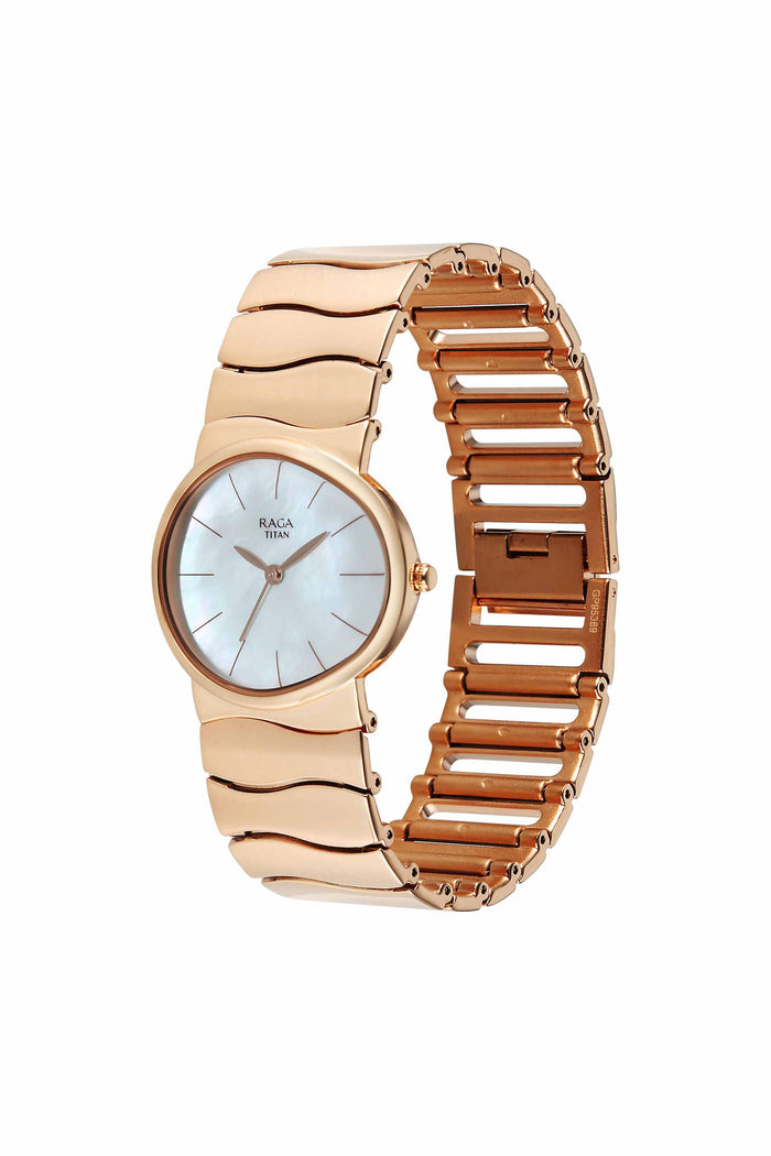 Titan Raga Sierra Quartz Analog White Dial Rose Gold Metal Strap Women's Watch, 95389WM01