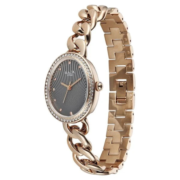 Titan Raga Spotlight Quartz Analog Grey Dial Rose Gold Metal Strap Women's Watch, 95429WM01