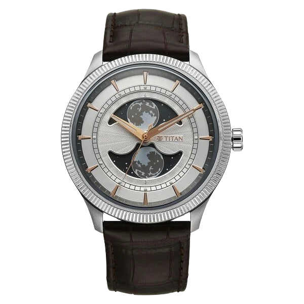 Titan Stellar Analog with Dual Moon Phase and Silver Dial Brown Leather Strap Men's Watch, 10050SL01