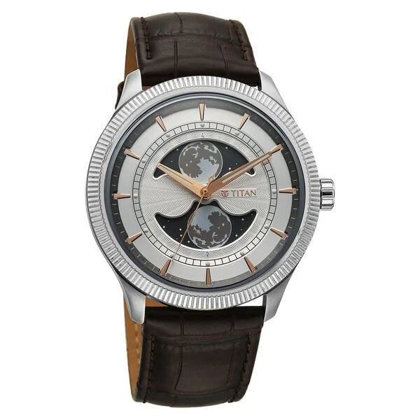 Titan Stellar Analog with Dual Moon Phase and Silver Dial Brown Leather Strap Men's Watch, 10050SL01