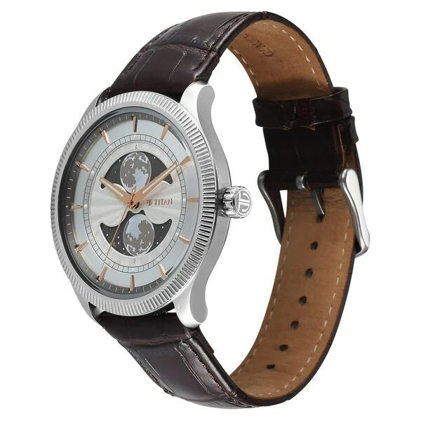 Titan Stellar Analog with Dual Moon Phase and Silver Dial Brown Leather Strap Men's Watch, 10050SL01