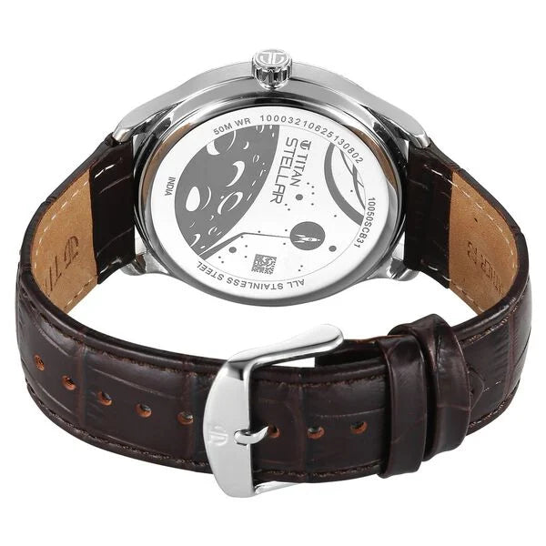 Titan Stellar Analog with Dual Moon Phase and Silver Dial Brown Leather Strap Men's Watch, 10050SL01