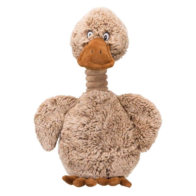 Plush dog toy duck with a brown beak and feet on a white background